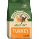 A 1.5 kg bag of James Wellbeloved Adult Cat food, featuring a green and beige design with images of a ginger and a tabby cat, labeled "TURKEY."