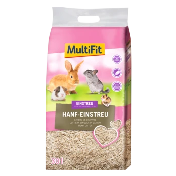 Beutel mit MultiFit Hanfstreu für kleine Haustiere, mit einem Kaninchen, Meerschweinchen und Chinchilla auf der Vorderseite, mit Text in Deutsch und Englisch.