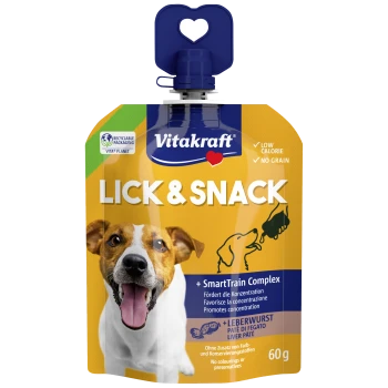 Vitakraft Lick & Snack Hundebeutel 60g, glücklicher Hund; SmartTrain Complex, Leberwurstpastete, kalorienarm, ohne Getreide