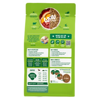 Grüne Rückseite einer Hundefuttertüte mit geteiltem Schüsselbild von Rind und Trockenfutter, Wow Dog-Logo, 'Das Beste der Natur'-Text und Fütterungstabelle