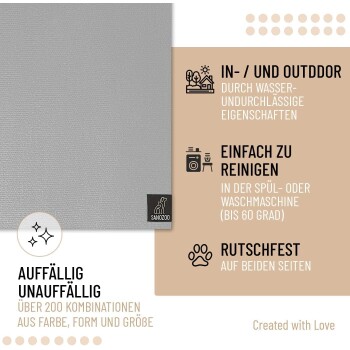 Graue Haustiermatte mit strukturierter Oberfläche, mit Text über ihre wasserdichten Eigenschaften, einfache Reinigung und rutschfestes Design.