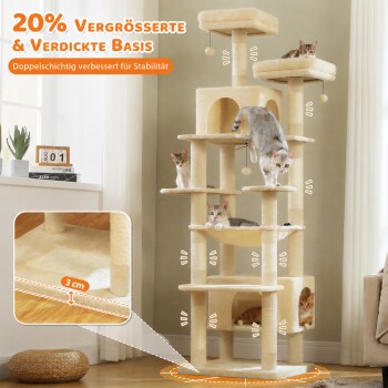 Beiger hoher Kratzbaum mit fünf Katzen; sichtbarer Text '20% Vergrößerte & Verdickte Basis' und Einblendung '3 cm'.