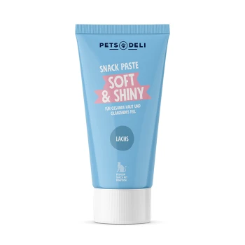 Tube de pâte à collation Pets Deli étiqueté "Doux & Brillant" pour une peau saine et un pelage brillant, avec une saveur de saumon, dans un design bleu clair.