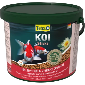 Conteneur de nourriture pour poissons Tetra Koi Sticks présentant des carpes koi vibrantes et un nénuphar, étiqueté "Poissons en bonne santé & Couleurs vives."