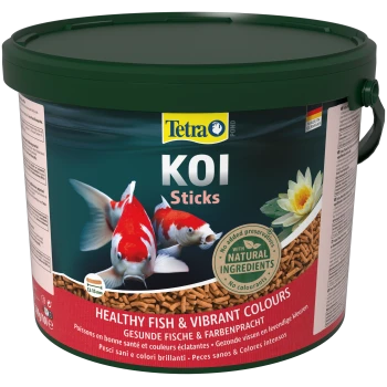 Container van Tetra Koi Sticks visvoer met levendige koi-vissen en een waterlelie, gelabeld 'Gezonde Vissen & Levendige Kleuren.'