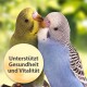 Zwei bunte Wellensittiche, einer grün-gelb und der andere blau-grau, mit einer Sprechblase, die sagt: "Unterstützt Gesundheit und Vitalität."