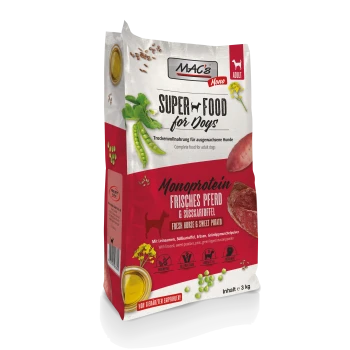 Sac de nourriture pour chiens étiqueté "MAC's Super Food for Dogs," avec du cheval frais et de la patate douce, 3 kg, avec des allégations nutritionnelles et des ingrédients.