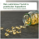 Fischölkapseln, die aus einem Glasbehälter fallen, beschriftet in Deutsch und Englisch: 'Rein natürliches Fischöl in praktischer Kapsel-Form.'