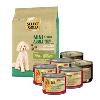 Select Gold Mini Adult Sensitive Hundefutterbeutel und fünf Dosen Select Gold Adult Sensitive Nassfutter für Hunde.