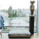 Ein gemütliches Haustierbett steht auf einem Holzboden nahe einem großen Fenster mit Regentropfen, mit Blick auf einen Garten mit Bäumen und einer Terrasse.