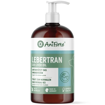 AniForte-Pumpspender mit der Aufschrift 'LEBERTRAN Cod Liver Oil' für Haustiere, Text 'unterstützt das Immunsystem', 'Hergestellt in Deutschland'.