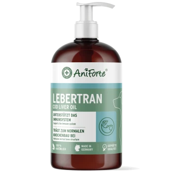 AniForte-Pumpspender mit der Aufschrift 'LEBERTRAN Cod Liver Oil' für Haustiere, Text 'unterstützt das Immunsystem', 'Hergestellt in Deutschland'.
