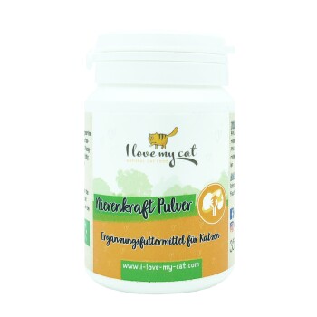 Behälter mit dem Katzenfutterzusatz "Nierenkraft Pulver" von "I love my cat", mit einem verspielten Katzenlogo und grün-orangefarbenem Design.