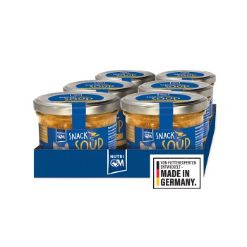 Sechs Gläser Nutri QM Snack Soup für Katzen, in einer blauen Pappschachtel präsentiert, mit einem Katzenbild und Produktetikett.