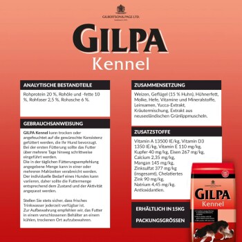 Bild eines Haustierfutterpakets mit der Bezeichnung "GILPA Kennel", das die Nährwertanalyse, Zutaten und Fütterungsanweisungen auf Deutsch zeigt.