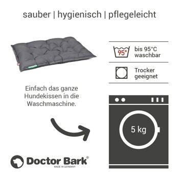 Graues, gepolstertes Hundebett mit Waschhinweisen, waschbar bis 95°C, trocknergeeignet, 5 kg Fassungsvermögen, Doctor Bark Logo.