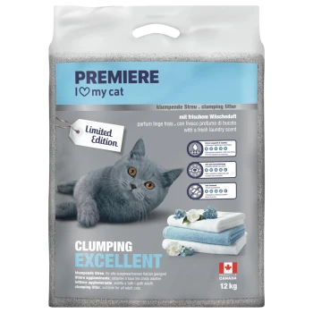 PREMIERE „I ♥ my cat“ klumpende Katzenstreu, Limited Edition — „Clumping Excellent“, mit Duft nach frischer Wäsche, 12 kg, Produkt aus Kanada.