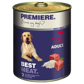 Canned dog food labeled "Premiere" featuring a dog image, with text stating "Best Meat," "Beef with Rice," and "Adult."