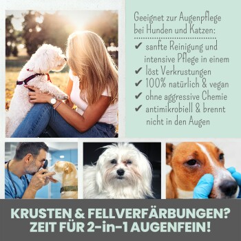 Frau mit einem kleinen Hund, die ein Augenpflegeprodukt für Haustiere bewirbt, das sanfte Reinigung, natürliche Zutaten und Schorfentfernung bietet.