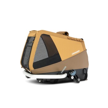 Eine stilvolle Tragetasche für Haustiere in Braun und Beige, mit Netzpaneelen zur Belüftung und dem Markennamen "CROOZER" deutlich sichtbar.