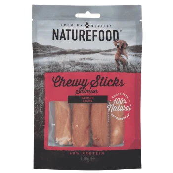 Naturefood Kauwsnacks voor honden, zalmsmaak, 100g verpakking, met 60% eiwit, graanvrij en 100% natuurlijk.