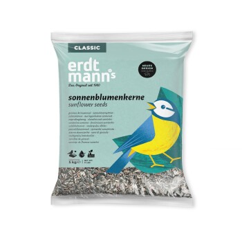 Erdtmann's Classic Sonnenblumenkerne für Vögel, 5 kg Sack mit blau-gelber Vogelillustration und mehrsprachigem Text.