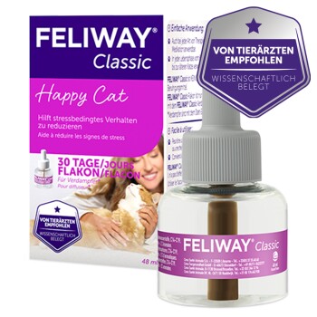 FELIWAY Classic Happy Cat, ein 48ml stressreduzierender Diffusor für Katzen, mit einer lila Box mit Text in Deutsch und Französisch.