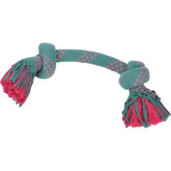 Ein farbenfrohes Hundespielzeug-Seil in Türkis und Pink, mit geflochtenen Abschnitten und Quasten an beiden Enden, ideal für die Spielzeit.