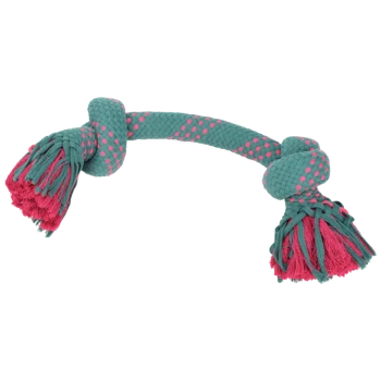 Ein farbenfrohes Hundespielzeug-Seil in Türkis und Pink, mit geflochtenen Abschnitten und Quasten an beiden Enden, ideal für die Spielzeit.