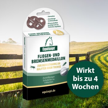 Verpackung des Equisept Fliegen- und Pferdefliegenmedaillons mit einem Pferdelogo, das zuverlässigen Insektenschutz für bis zu 4 Wochen verspricht.
