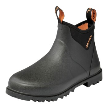 Schwarzer wasserdichter schlupfknöchelhoher Stiefel mit orangefarbenen Zuglaschen und Futter; Seitenaufdruck 'Gateway 16'.