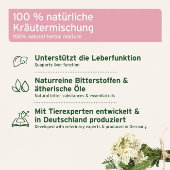 Etikett: '100 % natürliche Kräutermischung' mit deutsch/englischem Nutzen‑Text und einem zusammengebundenen Kräutersträußchen.