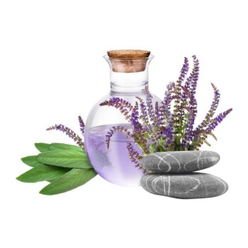 Szklana butelka z korkiem, zawierająca fioletowy płyn, otoczona zielonymi liśćmi i fioletowymi kwiatami, z trzema gładkimi szarymi kamieniami.