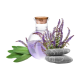 Eine Glasflasche mit einem Korken, die lila Flüssigkeit enthält, umgeben von grünen Blättern und lila Blumen, mit drei glatten grauen Steinen.