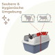 Grau-blau gedeckte Katzentoilette mit Siamkatze darin und rotem Schriftzug 'WOW!'; zeigt 'Saubere & Hygienische Umgebung'.