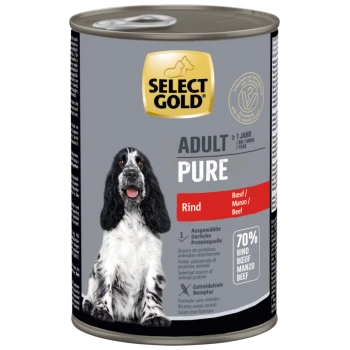Select Gold Adult Pure dog food can with a black and white dog image, labeled "Rind" beef flavor, 70% beef, grain-free formula.
