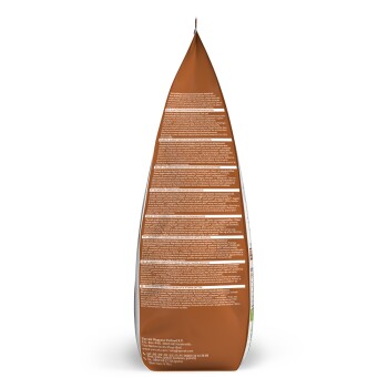 Rückseite eines Haustierfutterbeutels mit detaillierten Zutaten- und Nährwertinformationen in mehreren Sprachen.