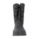 Schwarzer wasserdichter Stiefel mit hohem Schaft, mit einem Schnürdesign und verstärkter Zehenpartie, von vorne betrachtet.