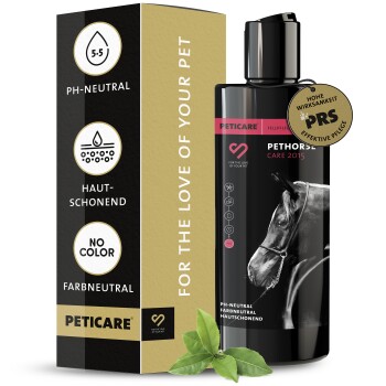 Schwarze Flasche PETHORSE Care 2015 Haustierpflegeprodukt mit einem Pferdekopf und goldenen Siegel, gekennzeichnet als pH-neutral und hautfreundlich.