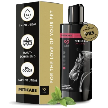 Schwarze Flasche PETHORSE Care 2015 Haustierpflegeprodukt mit einem Pferdekopf und goldenen Siegel, gekennzeichnet als pH-neutral und hautfreundlich.