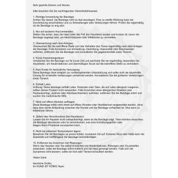 Bild, das Sicherheitsrichtlinien für die Anwendung von Tierverbänden zeigt, einschließlich Verwendung, Überwachung und Vorsichtsmaßnahmen bei Latexallergien.