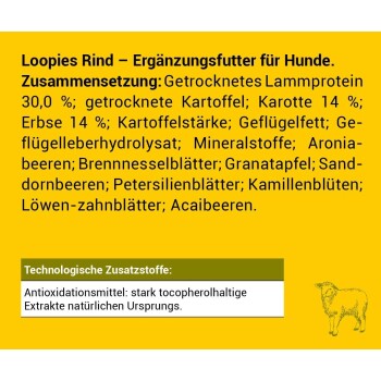 Nährwertinformationen für Tierfutter: "100g = 318 kcal · 1 Stück = 8,9 kcal*. In die tägliche Gesamtmenge einbeziehen." Eine Grafik eines Schafes wird gezeigt.