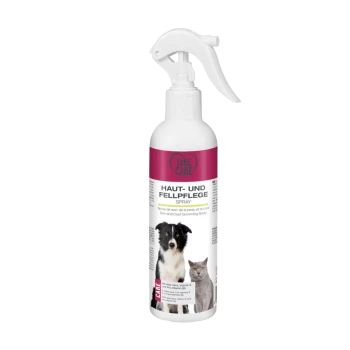 Bouteille de spray de toilettage pour la peau et le pelage avec un chien et un chat sur l'étiquette, avec du texte en allemand et en anglais.