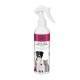 Bouteille de spray de toilettage pour la peau et le pelage avec un chien et un chat sur l'étiquette, avec du texte en allemand et en anglais.