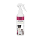 Bouteille de spray de toilettage pour la peau et le pelage avec un chien et un chat sur l'étiquette, avec du texte en allemand et en anglais.