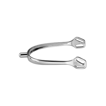 Ein glänzender Metallsporn mit zwei gezackten Enden, entworfen für den Reitsport, vor einem weißen Hintergrund präsentiert.