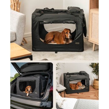 Ein brauner Hund ruht in einer schwarzen tragbaren Haustierbox mit Netzfenstern, die in einem modernen Wohnzimmer mit einem grauen Sofa und Holzmöbeln steht.
