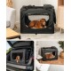 Ein brauner Hund ruht in einer schwarzen tragbaren Haustierbox mit Netzfenstern, die in einem modernen Wohnzimmer mit einem grauen Sofa und Holzmöbeln steht.