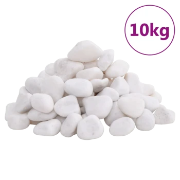 Ein Haufen glatter, weißer Dekorationssteine, beschriftet mit "10kg" in einem lila Kreis, geeignet für Haustierlebensräume oder Aquarien.