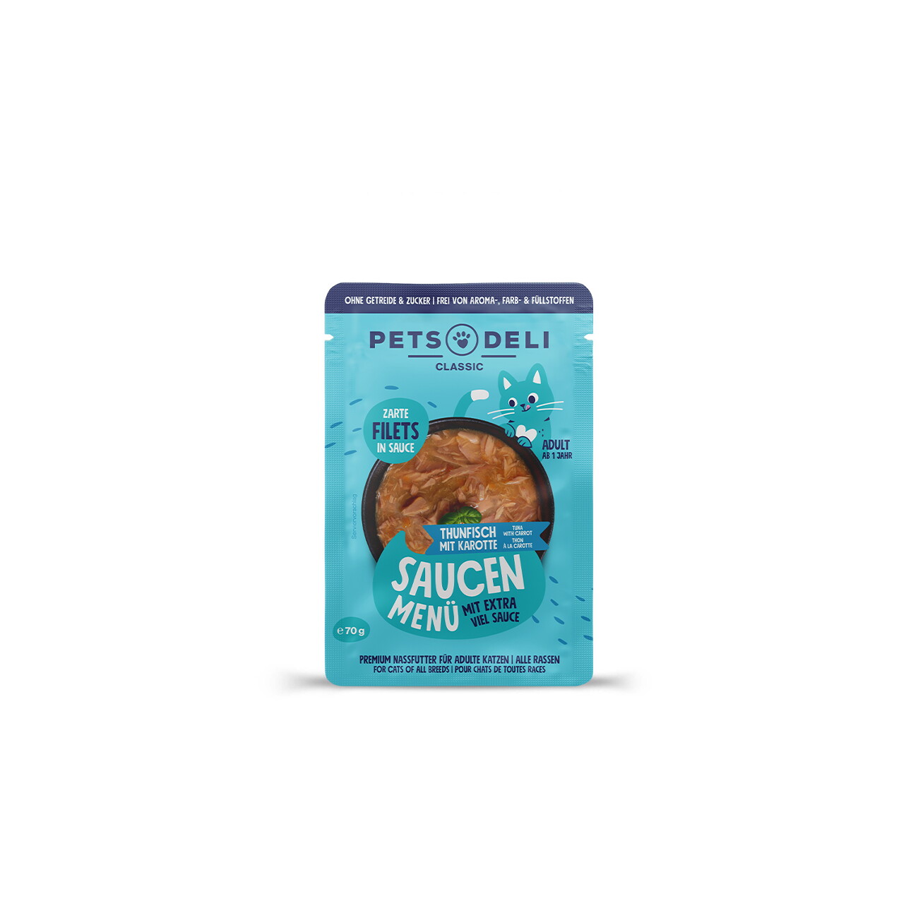 Pets Deli Nassfutter Katze Adult Saucen Menü Thunfisch mit Karotte 12x70 g